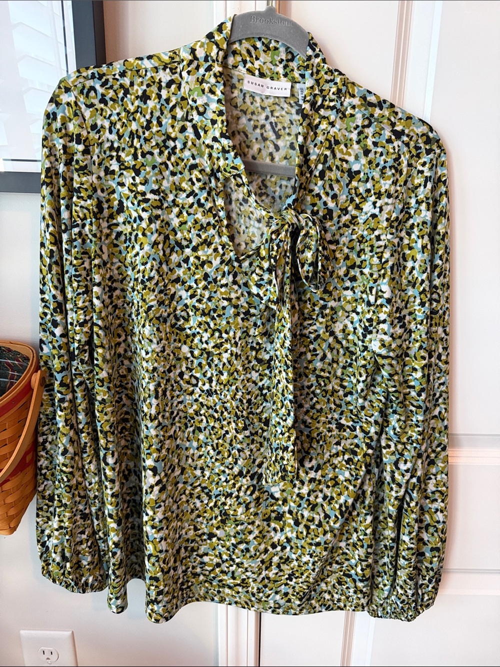 Susan Graver Liquid Knit Olive Multi Tie-Neck Blouse Medium